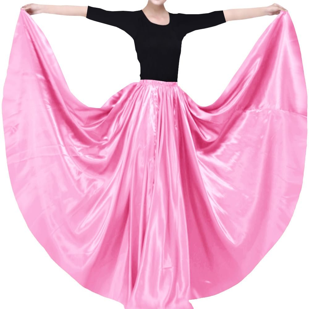Backgarden Ladies 20 Yard Elegant Satin Long Full Skirt for Ballroom Belly Dance Performance Costume Dress Pink