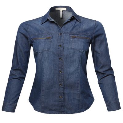 Basic Classic Button Closure Roll Up Sleeves Chest Zipper Pocket Denim Chambray Dark S