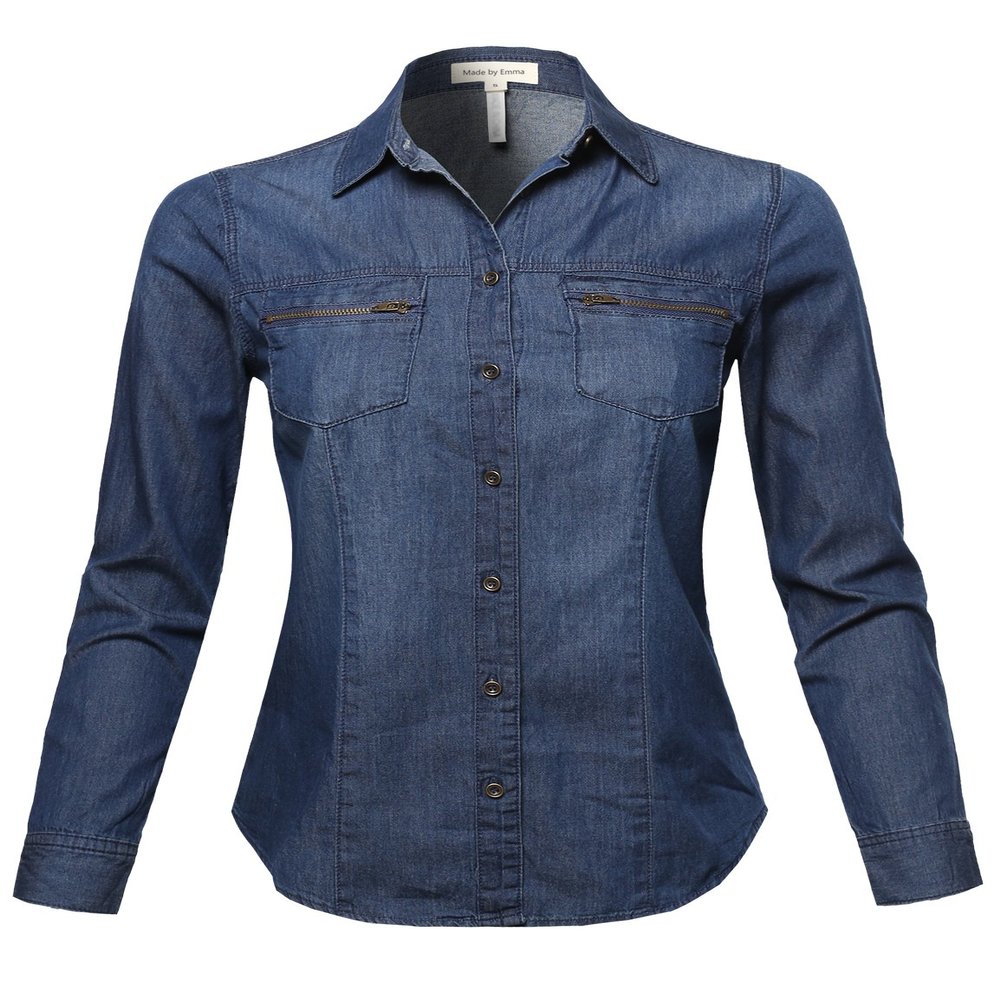 Basic Classic Button Closure Roll Up Sleeves Chest Zipper Pocket Denim Chambray Dark S