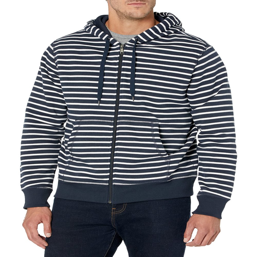 Amazon Essentials Men's Full-Zip Fleece Hoodie (Available in Big & Tall), Navy White Stripe, Medium