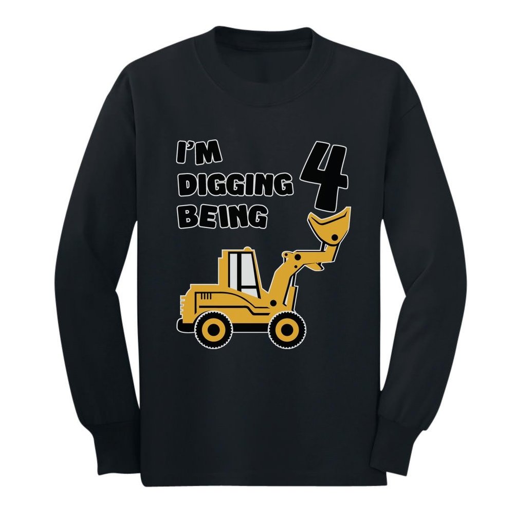 Tstars 4th Birthday Construction Truck Shirt - I'm Digging Being 4 Long Sleeve Tee for Toddler Boys & Kids 3T Black