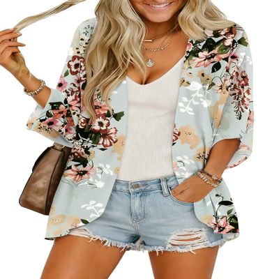 BB&KK Women's Kimono Cardigans Summer Beach Chiffon Floral Boho Sheer Plus Size Hawaiian Shirts Tropical Tops Maternity Mint Green 3X-Large