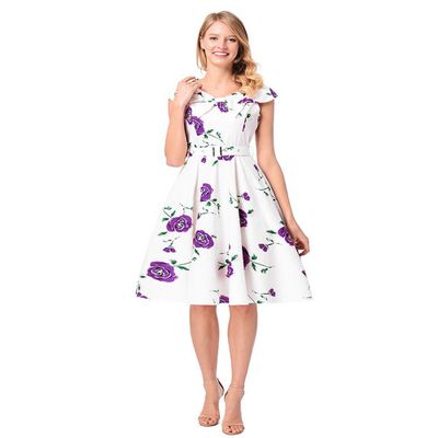 Vintage Floral Print Dress - Womens Sexy Bohemian Cap Sleeve Rose Floral Print Retro Cocktail Dress