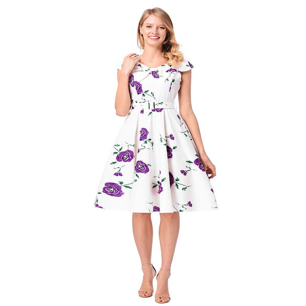 Vintage Floral Print Dress - Womens Sexy Bohemian Cap Sleeve Rose Floral Print Retro Cocktail Dress