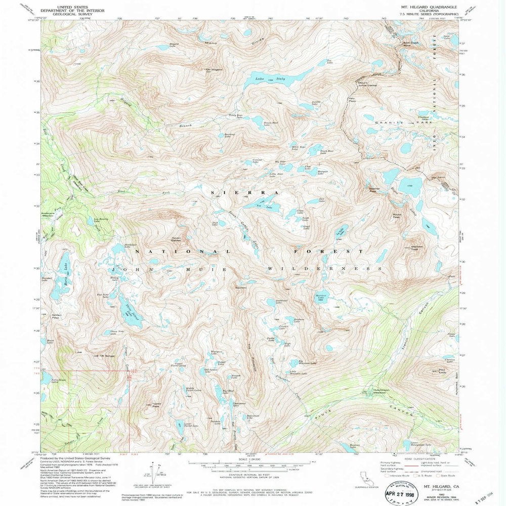 YellowMaps Mt Hilgard CA topo map, 1:24000 Scale, 7.5 X 7.5 Minute, Historical, 1982, Updated 1994, 26.5 x 21.9 in - Tyvek