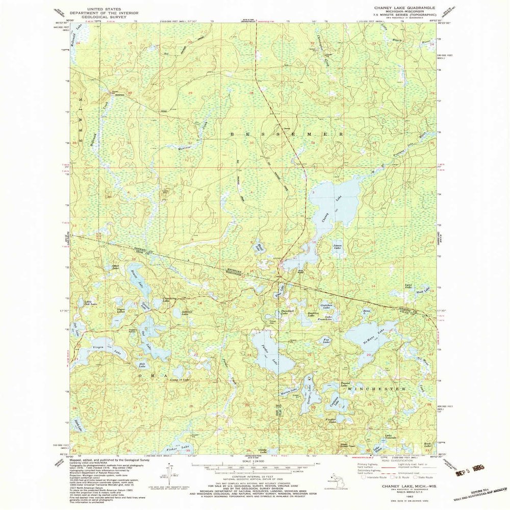 YellowMaps Chaney Lake MI topo map, 1:24000 Scale, 7.5 X 7.5 Minute, Historical, 1982, Updated 1983, 27 x 22 in - Tyvek