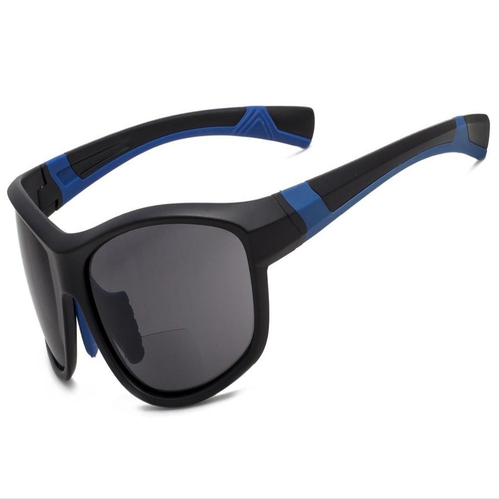 Eyekepper Sports Bifocal Sunglasses TR90 Unbreakable Outdoor Readers Matte Black-Blue Frame Grey Lens +1.0