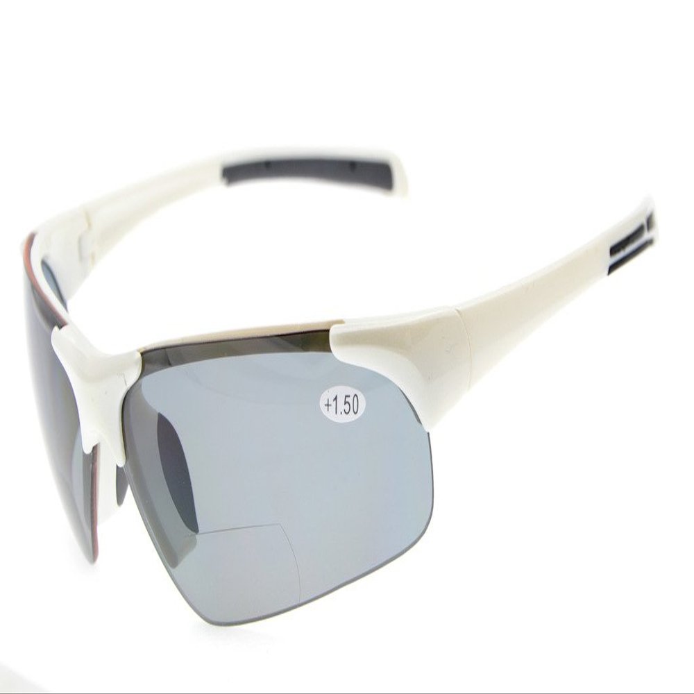 Eyekepper TR90 Unbreakable Sports Half-Rimless Bifocal Sunglasses Baseball Running Fishing Driving Golf Softball Hiking White Frame Grey Lens +1.25