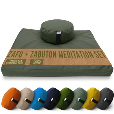 Meditation Cushion Mat Set - ROUND Zafu Floor Pillow Organic Buckwheat Pillow + Cotton Filled Zabuton Prayer Pad - Meditation Pillow Yoga Knee Pad - Made in USA - 14" Round, EARTH Cotton