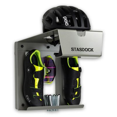 Stasdock Wall Bike Rack | Bike Storage Wall Mount System | For Race Bicycles (Silver Metallic) and Mountain Bikes | Bike Shelf | Indoor bike wall bracket | Stores helmet and shoes | Home and Garage