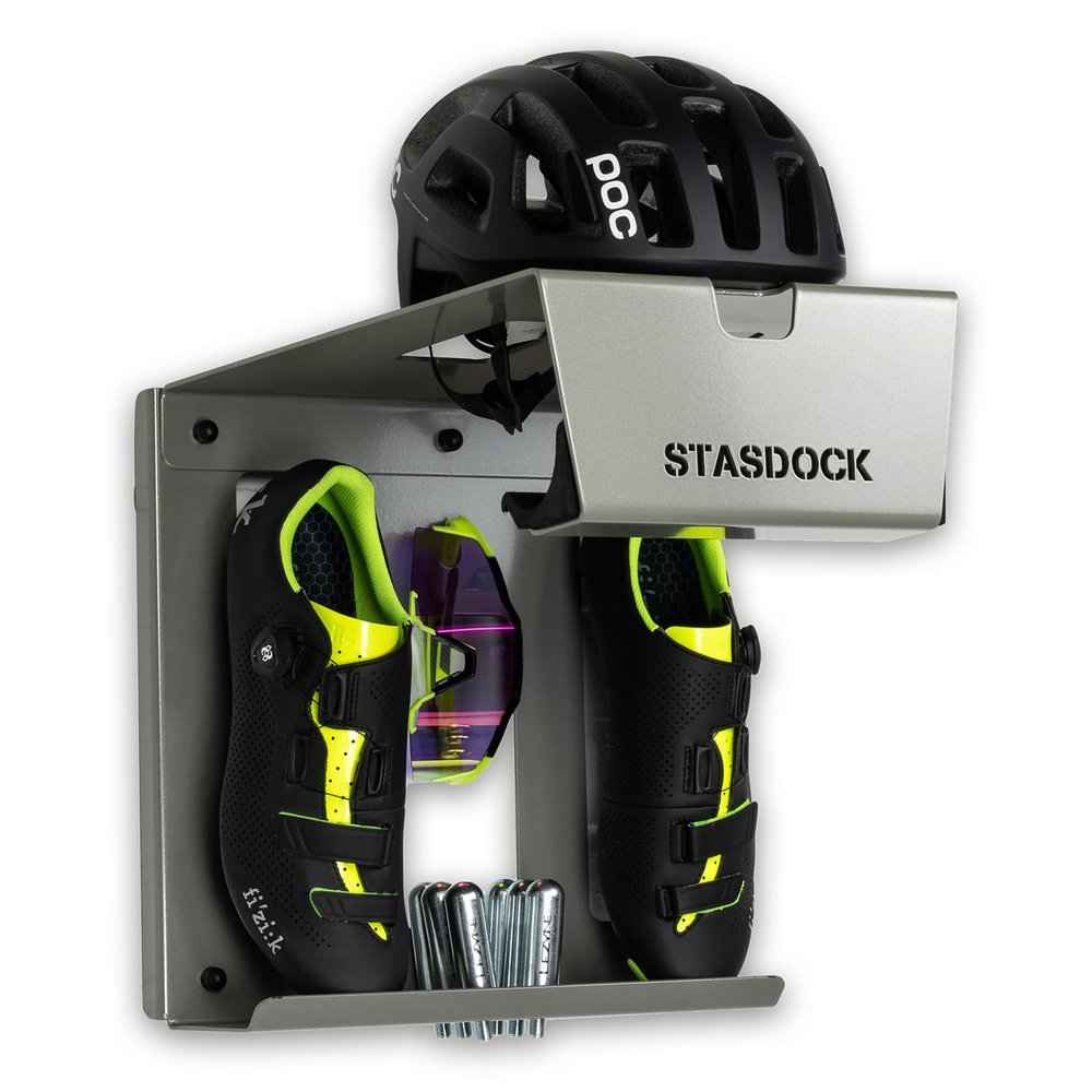 Stasdock Wall Bike Rack | Bike Storage Wall Mount System | For Race Bicycles (Silver Metallic) and Mountain Bikes | Bike Shelf | Indoor bike wall bracket | Stores helmet and shoes | Home and Garage