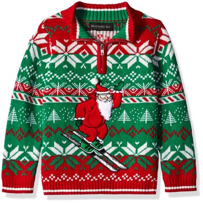 Blizzard Bay Toddler Boy's Zipper Mock Neck Skiing Santa Ugly Christmas Sweater Sweater, red/Green Combo, 6/L