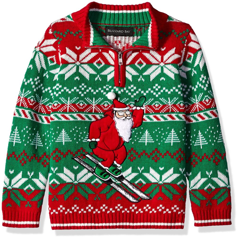 Blizzard Bay Toddler Boy's Zipper Mock Neck Skiing Santa Ugly Christmas Sweater Sweater, red/Green Combo, 6/L