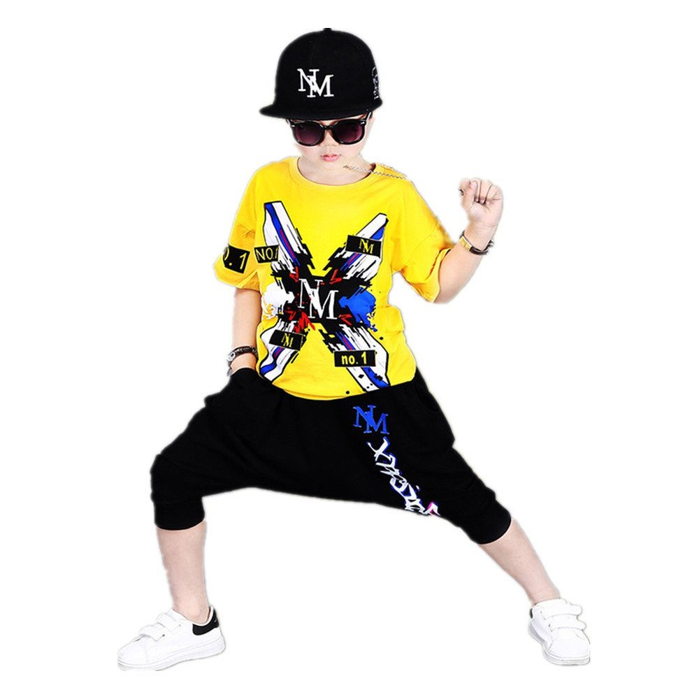 FTSUCQ Boys Sports Tracksuits Activewear Dancing Shirt Top + Middle Pants,Yellow 130