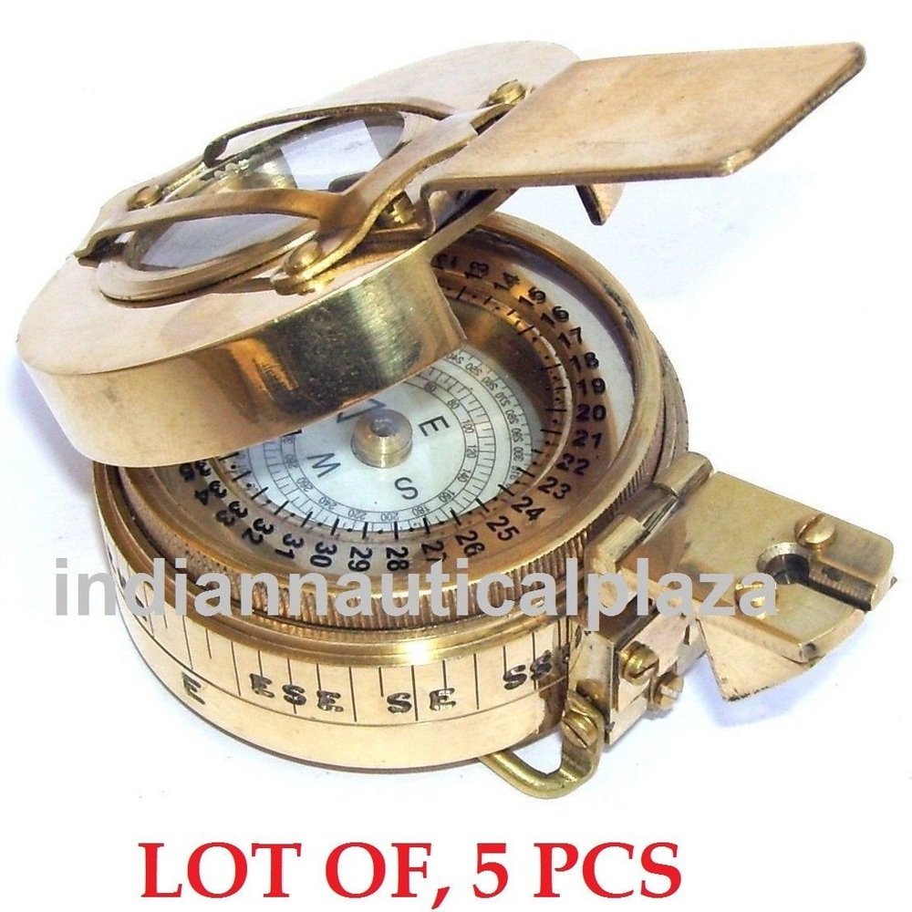 Saheera Nautical Lot of 5 Vintage Military British Prismatic Compass Solid Shiny Brass Finish