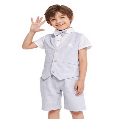LOLANTA Summer Boys Suit Dress Clothes Kids Wedding Ring Bearer Graduation Outfit 4Pcs Shirt Vest Shorts Set(Grey,8)