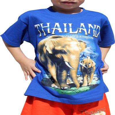 Full Funk Cotton Childrens Shirt Sawasdee Thailand Elephant Nature Culture, Small, Blue