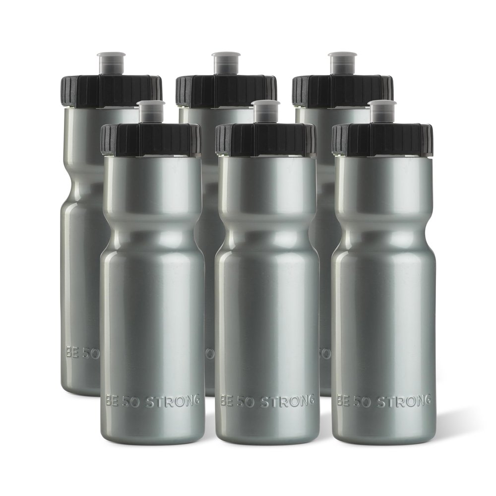 50 Strong Sports Water Bottles 6-Pack  Reusable 22 oz BPA-Free Plastic Bottles with Pull Top Cap  Made in USA  Top Rack Dishwasher Safe  Fits Most Bike Cages Brand - Silver