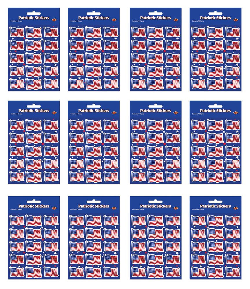 Beistle U S Flag Stickers 12 Piece, 4.75" x 7.5", Red/White/Blue