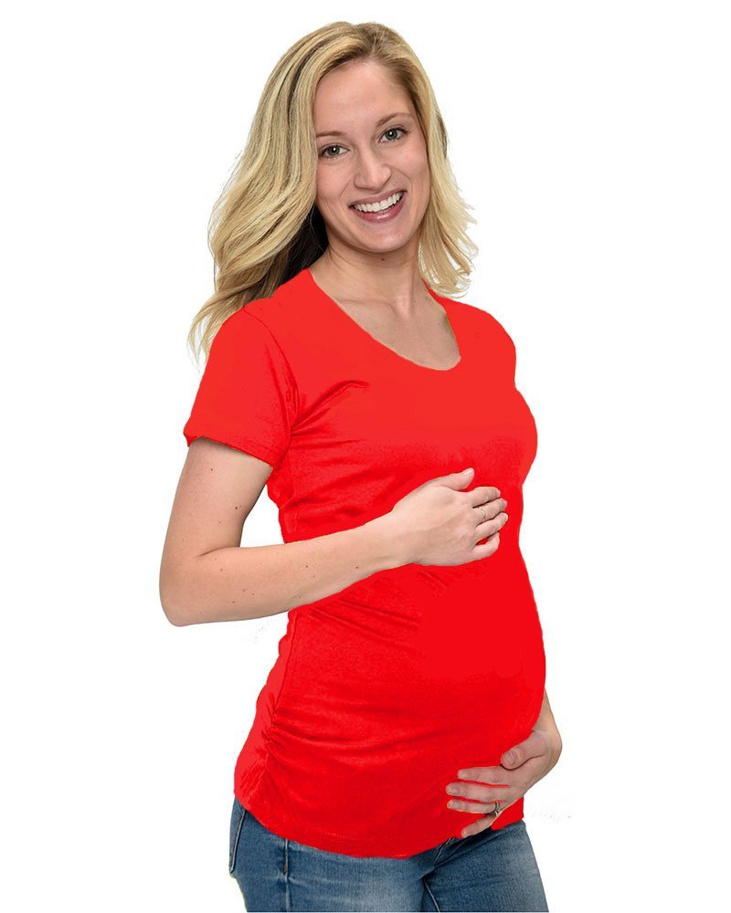 Monag Short Sleeve Maternity T-Shirt Classic Ruched Side, Small Red
