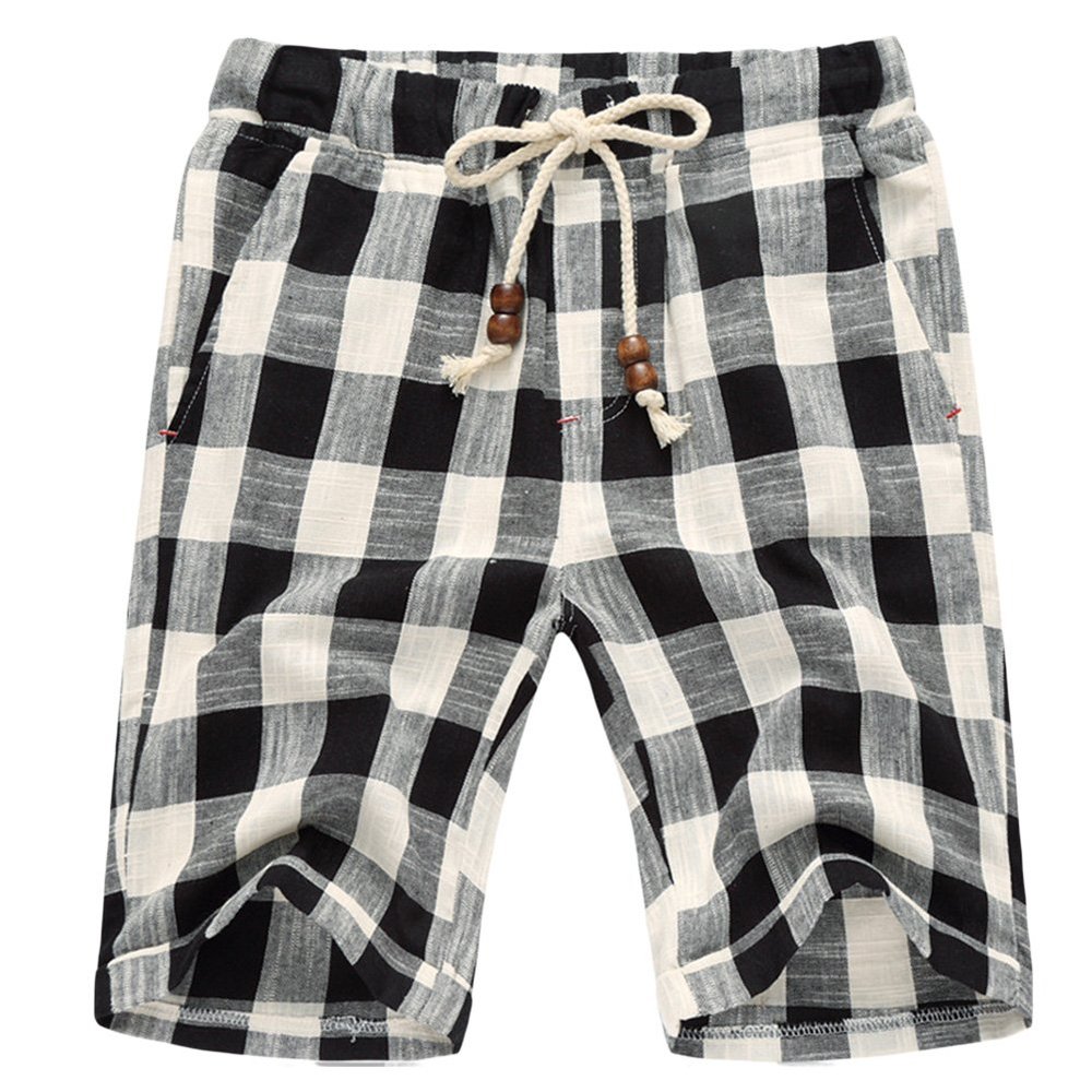 sandbank Mens Summer Casual Linen Drawstring Striped Beach Shorts (Waistline : 35-36 Inch, Black)