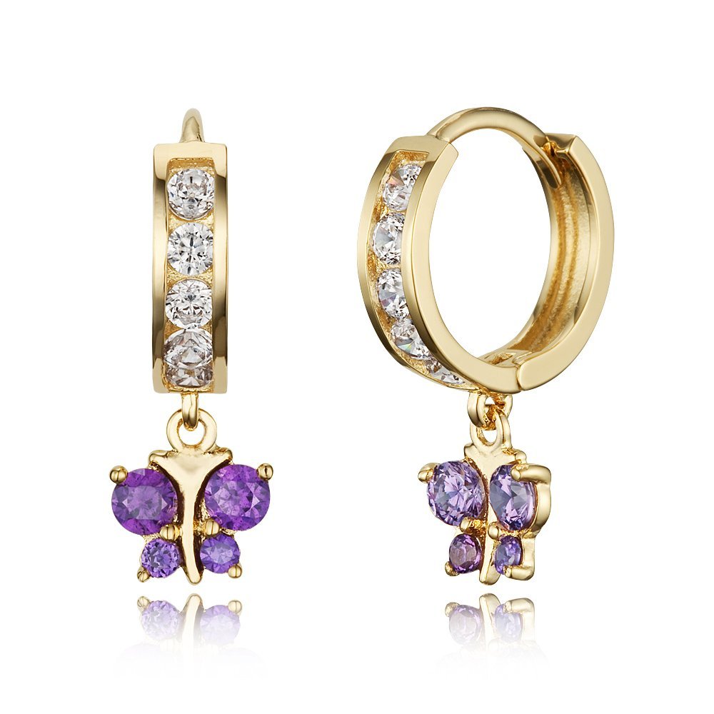 14k Gold Plated Brass Purple Butterfly Channel Cz Huggy Baby Girls Hoop Earrings