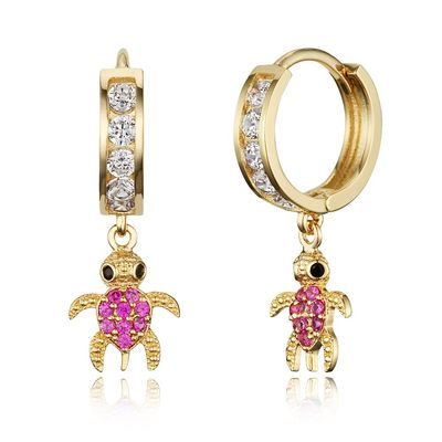 14k Gold Plated Brass Red Turtle Channel Cz Huggy Baby Girls Hoop Earrings