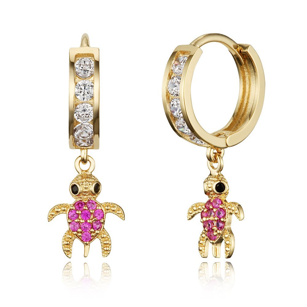 14k Gold Plated Brass Red Turtle Channel Cz Huggy Baby Girls Hoop Earrings