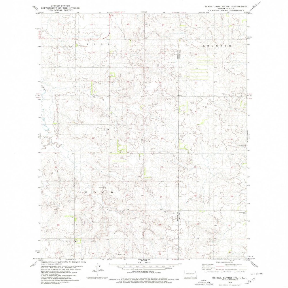 YellowMaps Schell Buttes NW ND topo map, 1:24000 Scale, 7.5 X 7.5 Minute, Historical, 1979, Updated 1980, 26.9 x 22.1 in - Tyvek