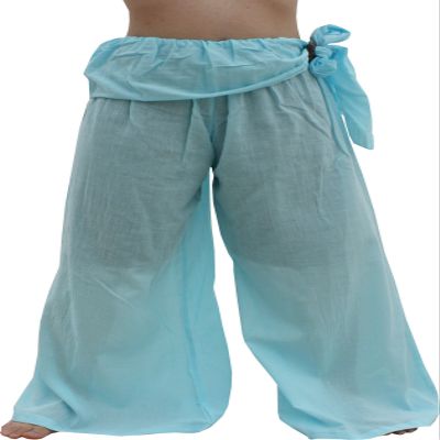 RaanPahMuang Wild Light Cotton Thai Pirates Pants Hip Tied, Medium, Baby Blue