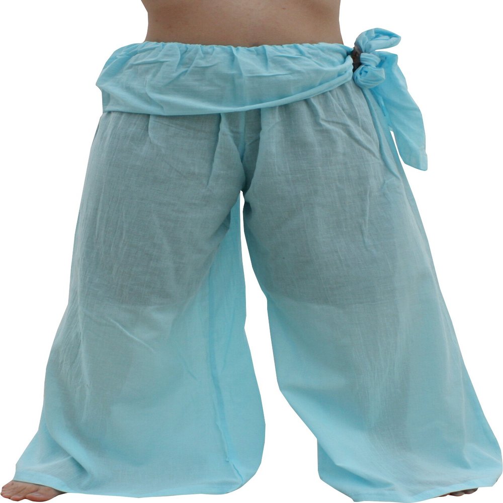 RaanPahMuang Wild Light Cotton Thai Pirates Pants Hip Tied, Medium, Baby Blue
