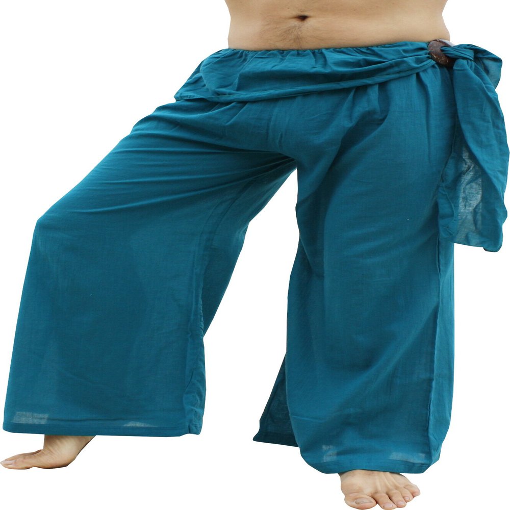 RaanPahMuang Wild Light Cotton Thai Pirates Pants Hip Tied, Medium, Green