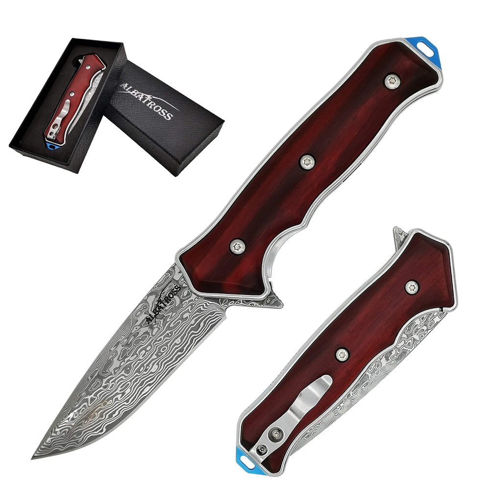 ALBATROSS Premium Damascus Folding Knife - EDC Pocket Knife with Cocobolo Wood Handle, 3.5" Blade, Liner Lock System - Outdoor Camping Hunting Survival Tool - Gift for Men-HGDK001