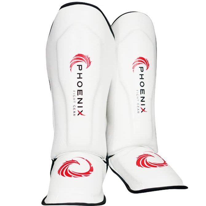 Phoenix Fight Gear Muay Thai Adult Shin Guards, with Instep Pads and Foot Protection, Mixed Martial Arts Shin Guards for Men and Women, Kickboxing, Sparring, Taekwondo, & MMA Training (White, X-Large)