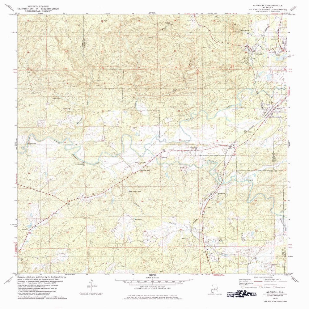 YellowMaps Aldrich AL topo map, 1:24000 Scale, 7.5 X 7.5 Minute, Historical, 1979, Updated 1984, 27.1 x 22 in - Tyvek