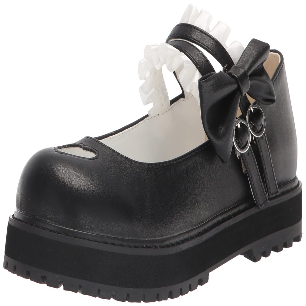 Lorie & Knight Japanese Sweet Lolita Heart Shaped Maid Cosplay Platform Mary Jane Flat Shoes Black