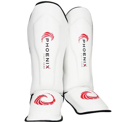 Phoenix Fight Gear Muay Thai Adult Shin Guards, with Instep Pads and Foot Protection, Mixed Martial Arts Shin Guards for Men & Women, Kickboxing, Sparring, Taekwondo, & MMA Training (White, XX-Large)