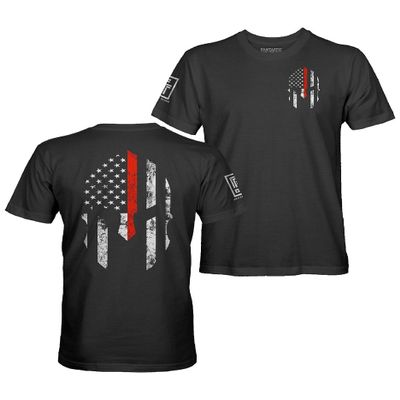Thin Red Line Spartan Firefighter USA Flag Men's T Shirt (Black Shirt, L)
