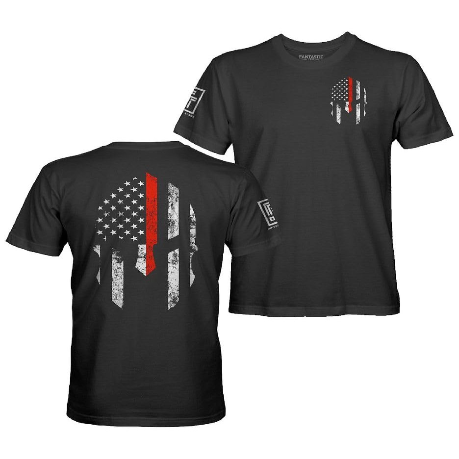 Thin Red Line Spartan Firefighter USA Flag Men's T Shirt (Black Shirt, L)