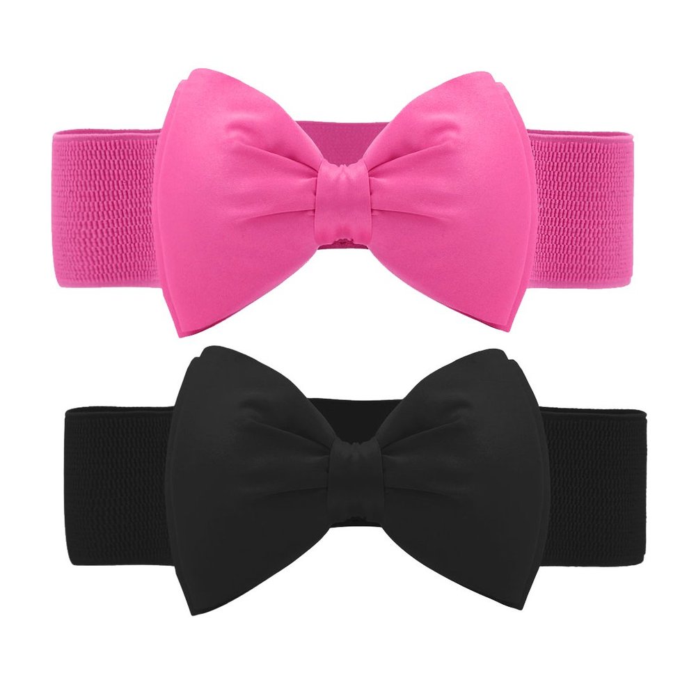 Allegra K Women's 2Pcs Bowknot Elastic Belts, 2.4" Width Elegant Cute Stretchy Cinch Waistband for Dress Wedding Fit Waist:24-32 inches Fuchsia+Black