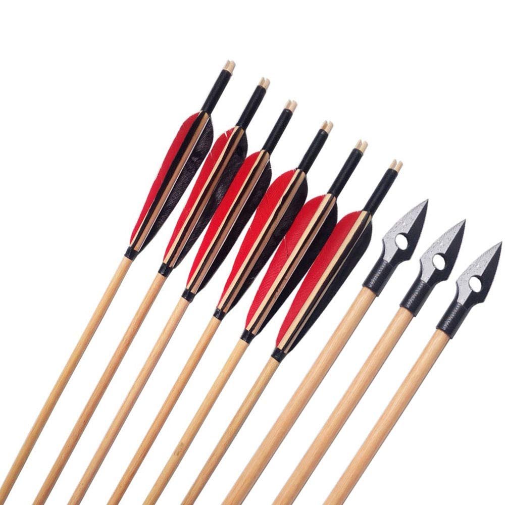 MILAEM 6 pcs 31" Traditional Archery Wooden Arrows Handmade Wood Shaft with 5 inch Turkey Feather and Broadheads for Recurve Bow or Longbow (Color 2)