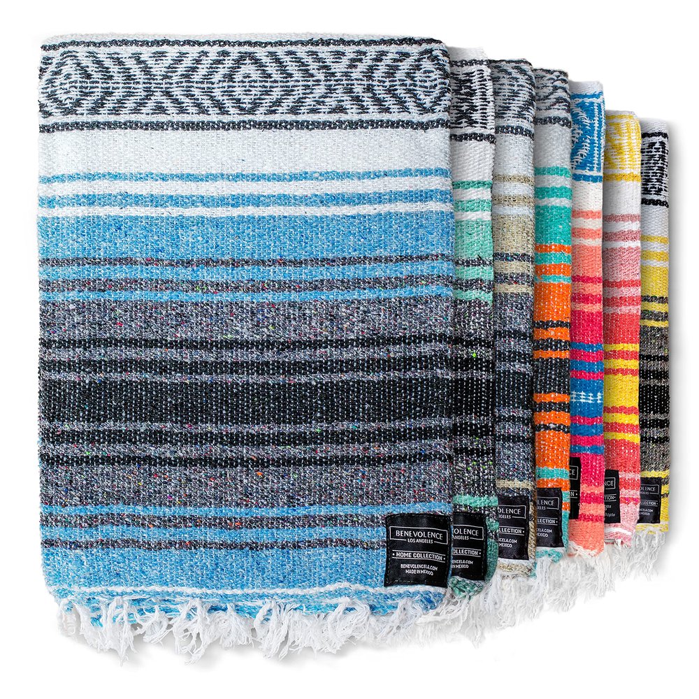 Benevolence LA Authentic Handwoven Mexican Blanket | Yoga Blankets, Outdoor, Picnic, Beach, Camping | Equestrian Saddle | Serape 50x70 inches - Sky Blue, Pack of 1