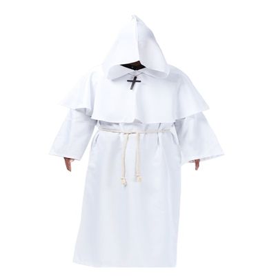 Cos2be Medieval Priest Monk Robe Hooded Cloak Wizard Sorcerer Cape (Large,White Robe)
