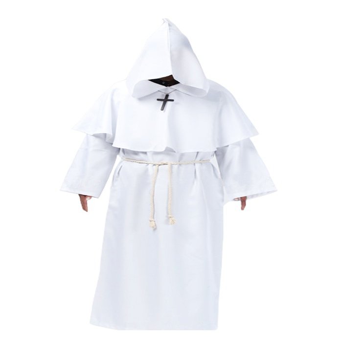 Cos2be Medieval Priest Monk Robe Hooded Cloak Wizard Sorcerer Cape (Large,White Robe)