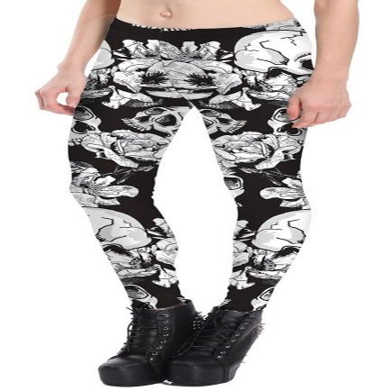 Sister Amy Women's Digital Skull Printted Ankle Elastic Tights Shiny Legging O- Skulls in White Flowers US L O- Skulls in White Flowers