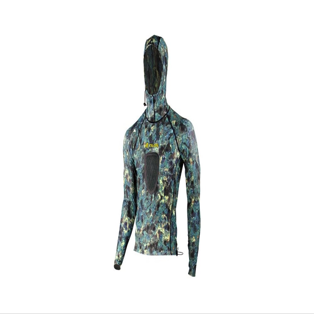 Tilos Camouflage 5.5oz Spearfishing UPF 50+ Rash Guard w/Hood  (Padded Green Camo, Small)
