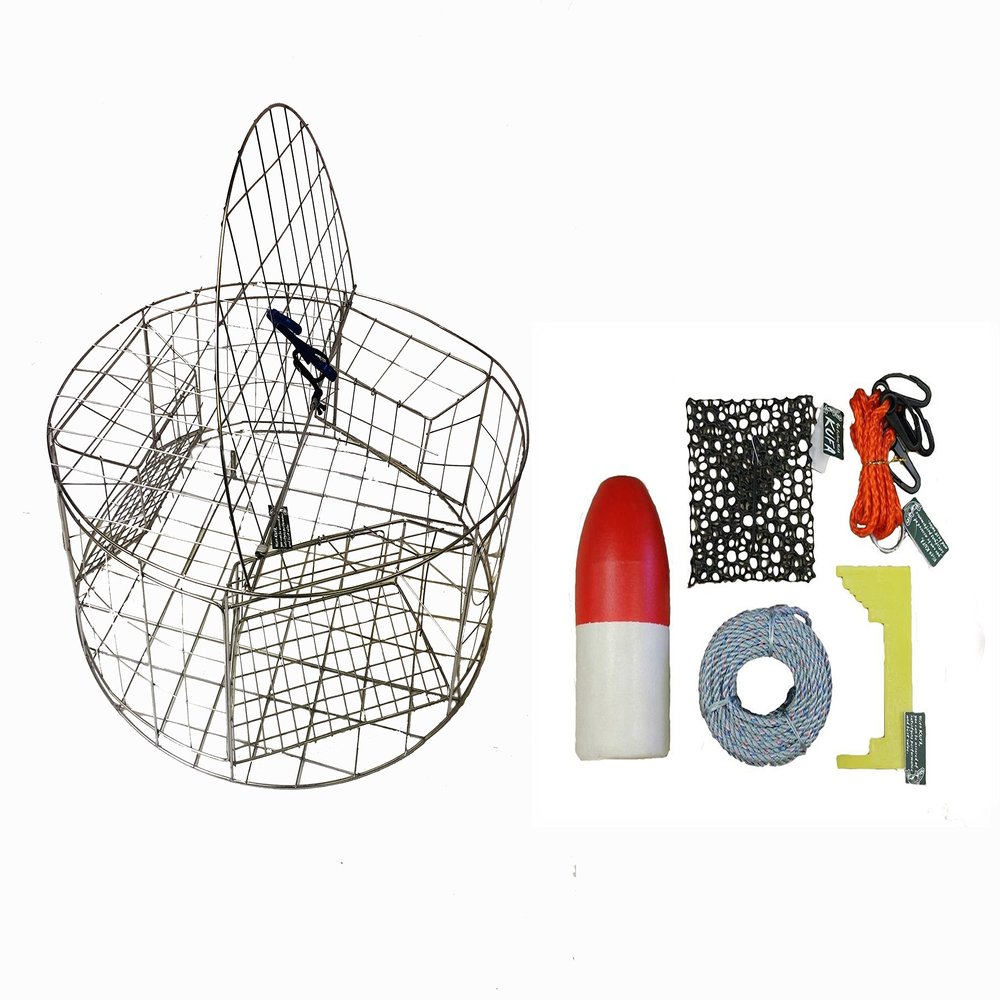 KUFA Stainless Steel Round Crab Trap with sacrificial Anode Zinc & 5/16" x100' leaded Rope,11'' Red/White Float,Harness,Caliper,Bait Bag Combo (CT120+CAC3+ZIN1)