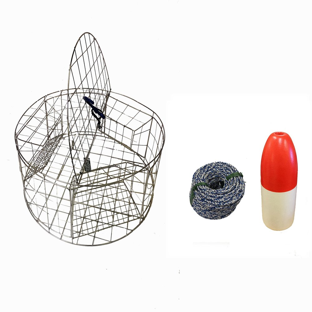 KUFA Stainless Steel Round Crab Trap with sacrificial Anode Zinc & 1/4" x100' Non-Lead Sinking Line with 6" x 14'' Red/White Float Combo (CT120+FWS103+ZIN1)