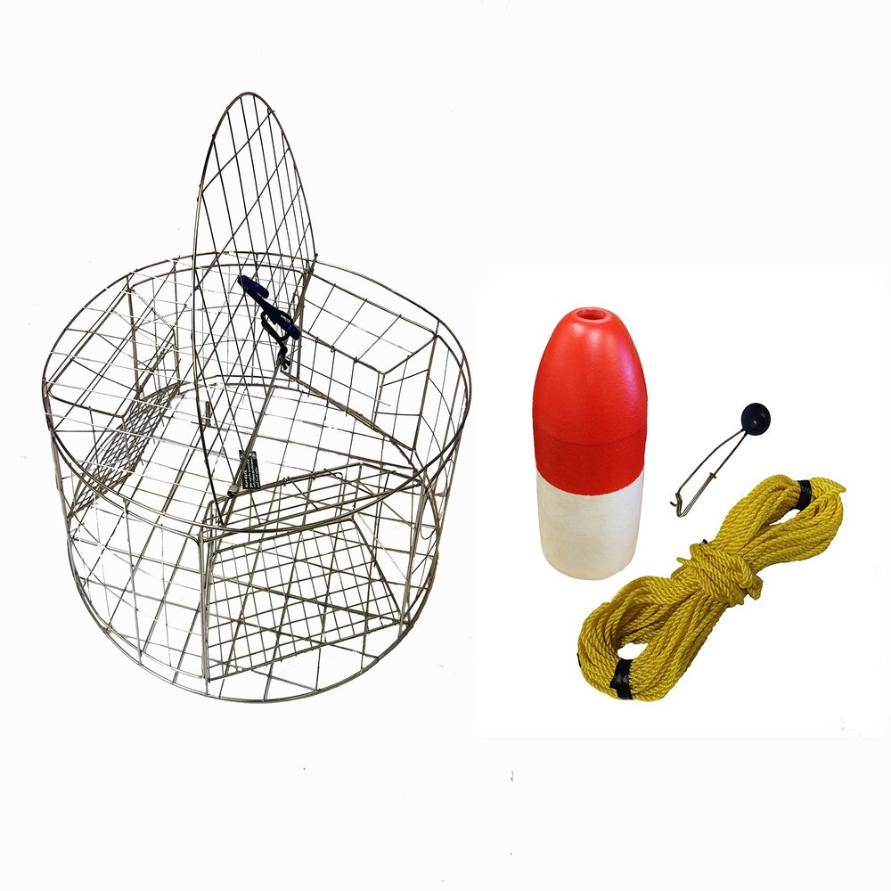 KUFA Stainless Steel Round Crab Trap with sacrificial Anode Zinc & 1/4" x100' Poly Rope with line Weight & 5" x 11'' Red/White Float Combo (CT120+FWP100+ZIN1)