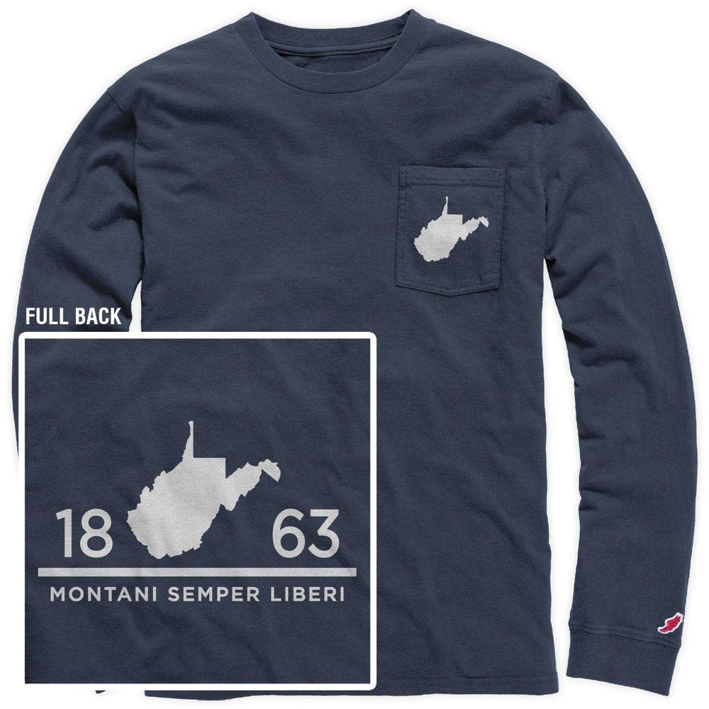 LEAGUE&CO West Virginia Vintage Wash Long Sleeve Pocket Tee-Spring Navy-Medium